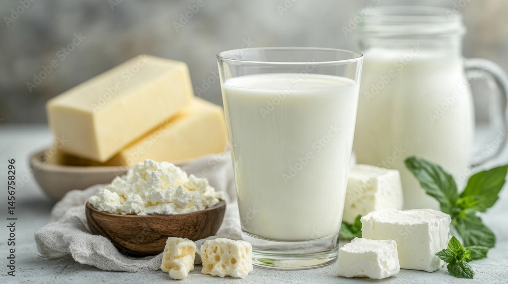 Fresh Dairy Ingredients Displayed on a Pristine White Table Surface Fresh Dairy Ingredients Displayed on a Pristine White Table Surface