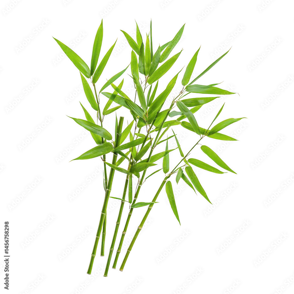 Naklejka premium A cluster of vibrant green bamboo stems displaying luscious leaves on a white isolated background, perfect for nature-themed designs and backgrounds.