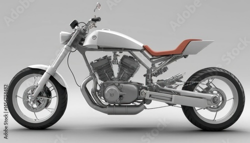 Detailed 3D rendering of a modern custom-built motorcycle on a neutral background
