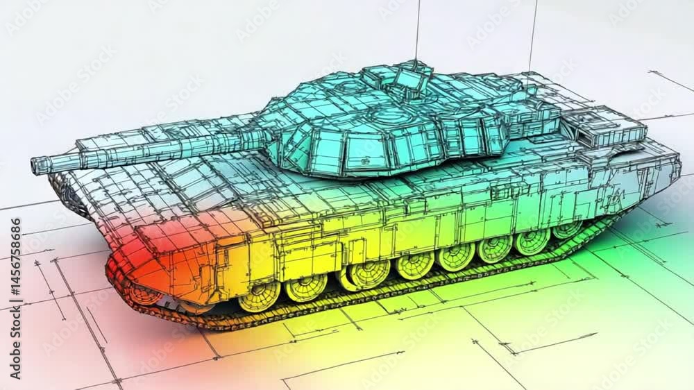 A realistic 3D wireframe tank rotates gradually while transitioning through structural stress and heat simulation colors. concept of engineering analysis and defense modeling.