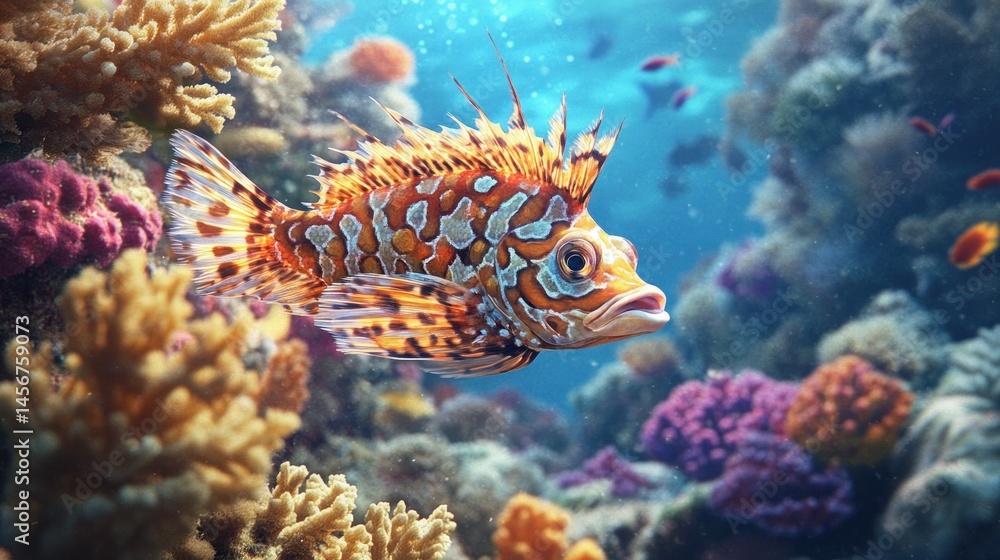 Vibrant coral reef fish in its natural habitat. Colorful fish swimming amidst vibrant coral formations Vibrant coral reef fish in its natural habitat. Colorful fish swimming amidst vibrant coral formations