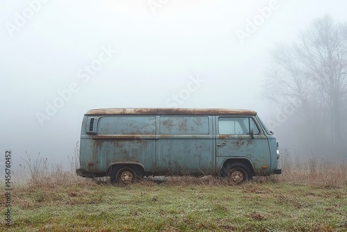 Wallpaper Mural  Abandoned blue van rests in foggy field, weathered exterior and muted tones suggest forgotten stories, stillness, and isolation. Torontodigital.ca