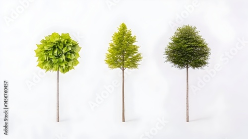 Three stylized trees, varying in leaf shape and color, stand against a plain white background