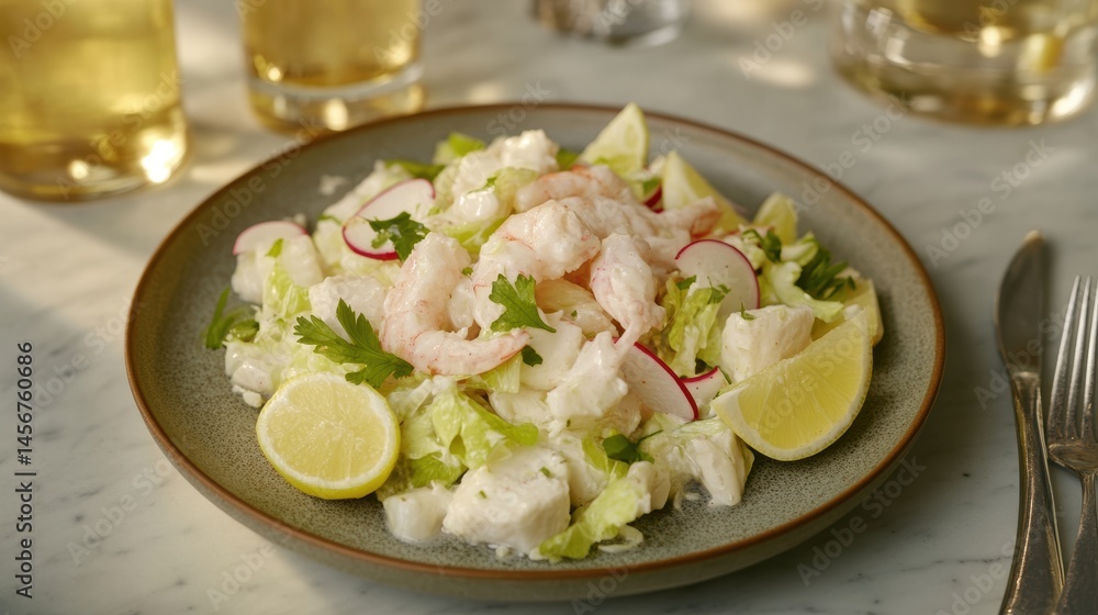 Shrimp and Cod Salad with Radishes and Lemon on Marble Tabletop Close Up Food Photography Shrimp and Cod Salad with Radishes and Lemon on Marble Tabletop Close Up Food Photography