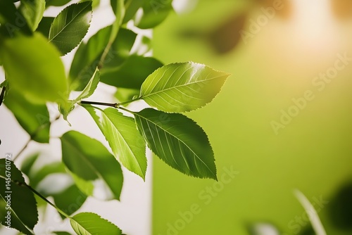 Vibrant green leaves bask in sunlight, showcasing intricate vein patterns and fresh, healthy growth against a blurred green backdrop