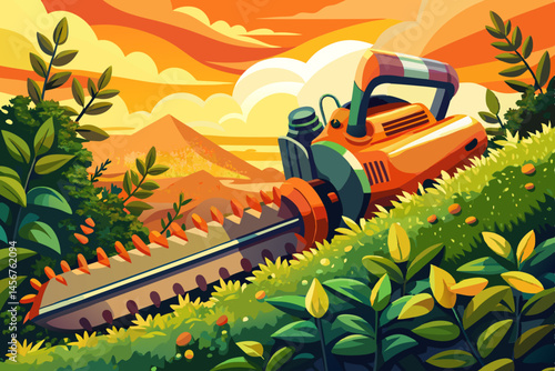 illustration Home and garden vector concept. Hedge trimmer in action. Shrub trimming work cartoon