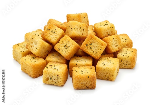 A pile of golden brown croutons seasoned with herbs on a white background in a close up studio shot