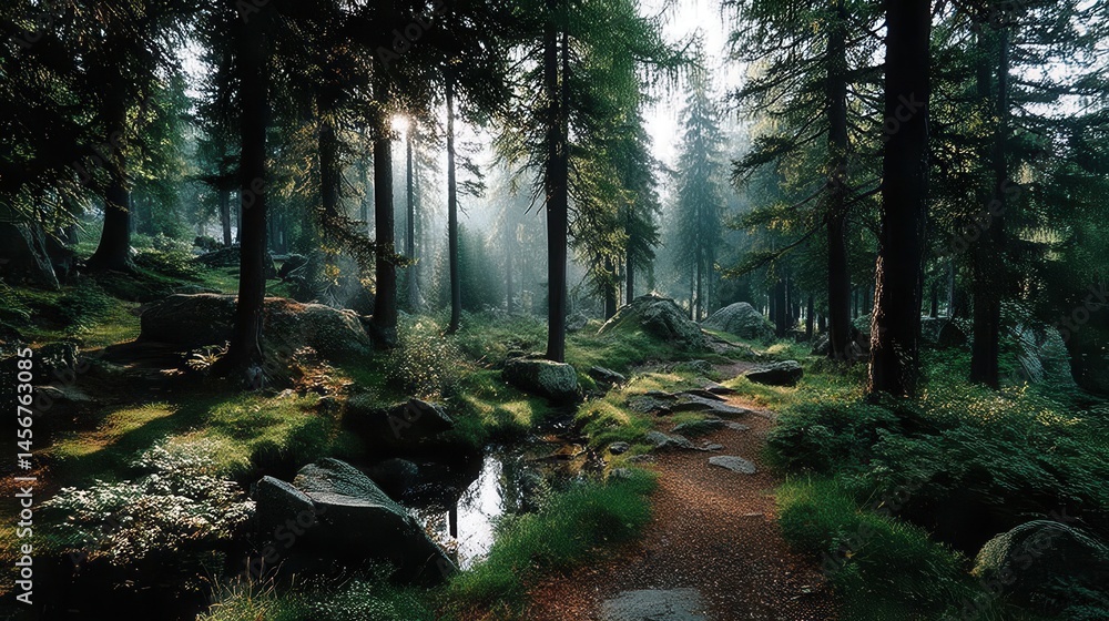 Fototapeta premium a forest with sunlight shining through the trees