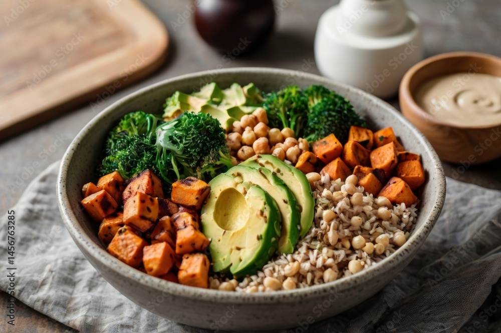 Fototapeta premium Vegan Buddha Bowl. hearty bowl with base of brown rice or quinoa, topped with roasted sweet potatoes, chickpeas, steamed broccoli, avocado, and drizzle of tahini sauce