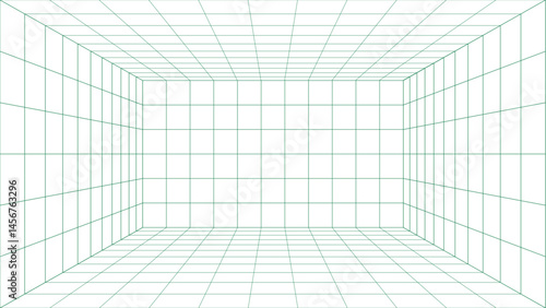 Futuristic perspective grid box. Abstract wireframe with green grid line on white background. Virtual reality landscape in 80s 90s digital style. Vector