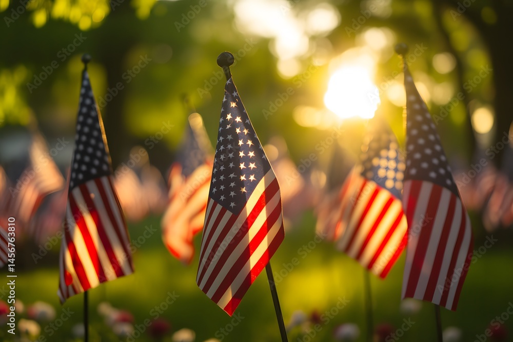 American flags with sunlight and bokeh illustrating patriotism and memorial day American flags with sunlight and bokeh illustrating patriotism and memorial day