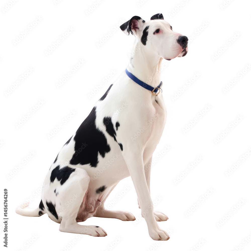 Fototapeta premium A majestic Great Dane sitting elegantly, showcasing its distinctive black and white coat, with a calm expression. Perfect for pet lovers and animal enthusiasts.