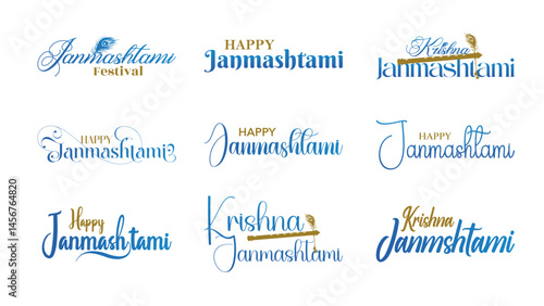Janmashtami typography, lord Krishna religious festival. Background for Hindu Festival of India with text in Hindi meaning Shri Krishan Janmashtami.