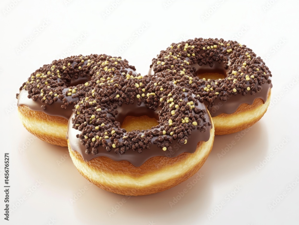 Three chocolate glazed donuts with sprinkles close up studio shot on white background delicious sweet treat Three chocolate glazed donuts with sprinkles close up studio shot on white background delicious sweet treat