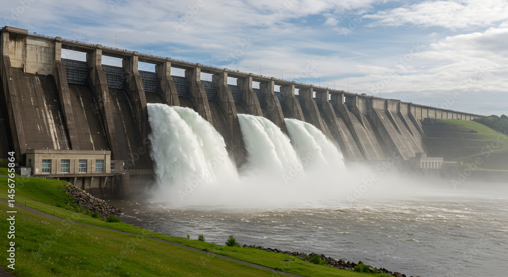 Scenic View of Concrete Hydroelectric Dam with Water Cascading Forcefully Through Spillways under Bright Skies Scenic View of Concrete Hydroelectric Dam with Water Cascading Forcefully Through Spillways under Bright Skies