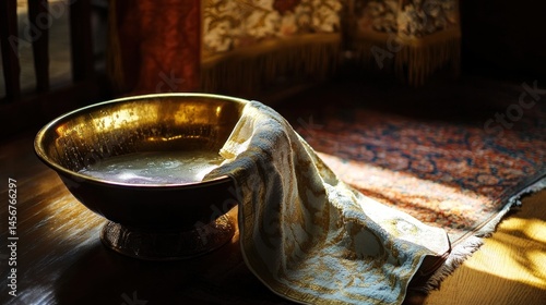 A ceremonial bowl of water, draped with a cloth, in a sacred space