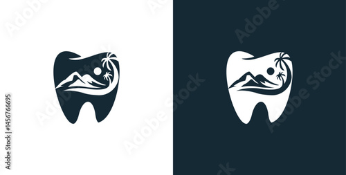 vector logo design for dentist or dental company with sea mountains - lake hills vector