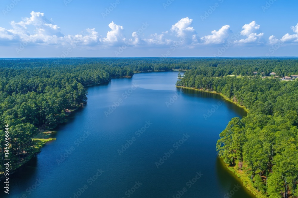 Stunning aerial view of a tranquil lake surrounded by lush green forests Stunning aerial view of a tranquil lake surrounded by lush green forests