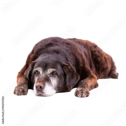 A senior brown dog lying down with a calm expression, showcasing the beauty of aging pets. Ideal for capturing the essence of companionship and tranquility in animals.