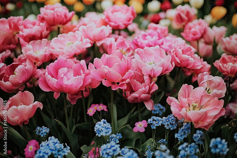 CloseUp of Pink Tulips Bloom with Blue ForgetMeNots and Green Leaves CloseUp of Pink Tulips Bloom with Blue ForgetMeNots and Green Leaves
