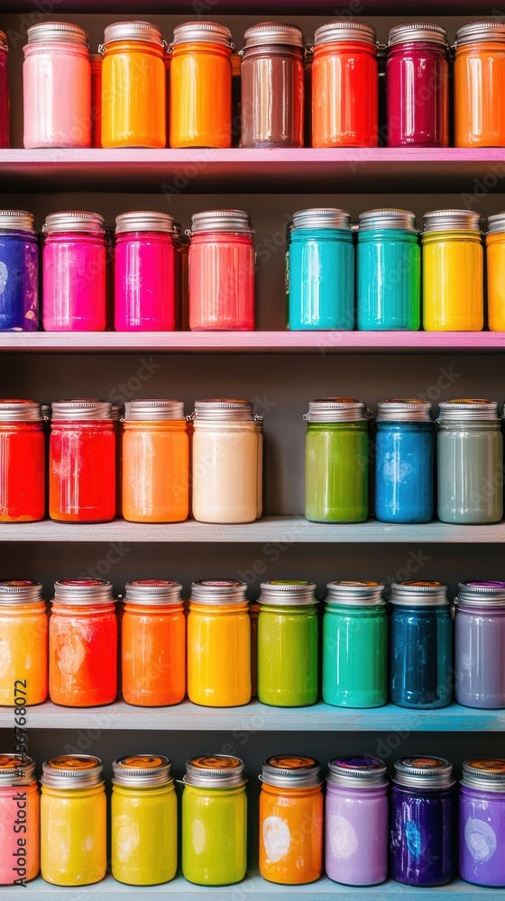 Rows of Colorful Glass Jars on Shelves, Filled with Vibrant Paints, Creative Art Supplies and Craft Materials Rows of Colorful Glass Jars on Shelves, Filled with Vibrant Paints, Creative Art Supplies and Craft Materials