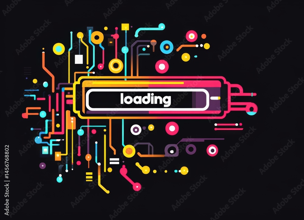 Obraz premium Pixel retro loading bar with circuit board and vibrant data transfer background