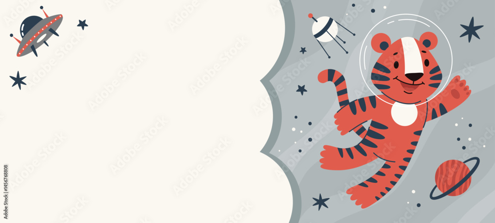 Fototapeta premium Space kids poster.Animal astronauts in among the stars and comets,Giraffe.A postcard, a flyer, an invitation.Vector cartoon flat illustration.