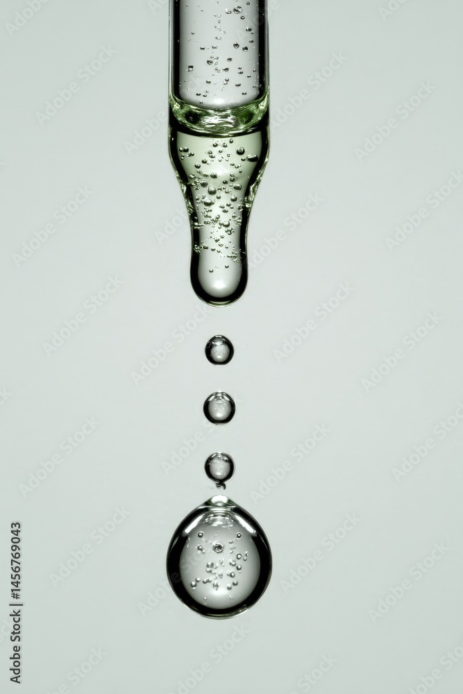 Clear liquid drops fall from a glass dropper, suspended in mid-air with visible air bubbles inside.