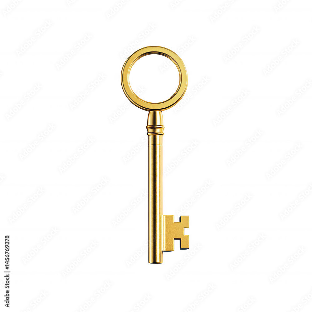 A sleek, elegant golden key on a white isolated background, symbolizing security, access, and unlocking potential. Ideal for concepts related to opportunity and success. A sleek, elegant golden key on a white isolated background, symbolizing security, access, and unlocking potential. Ideal for concepts related to opportunity and success.