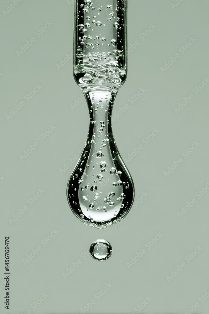 A clear dropper releases a single liquid droplet with bubbles suspended inside, set against a pale green background.