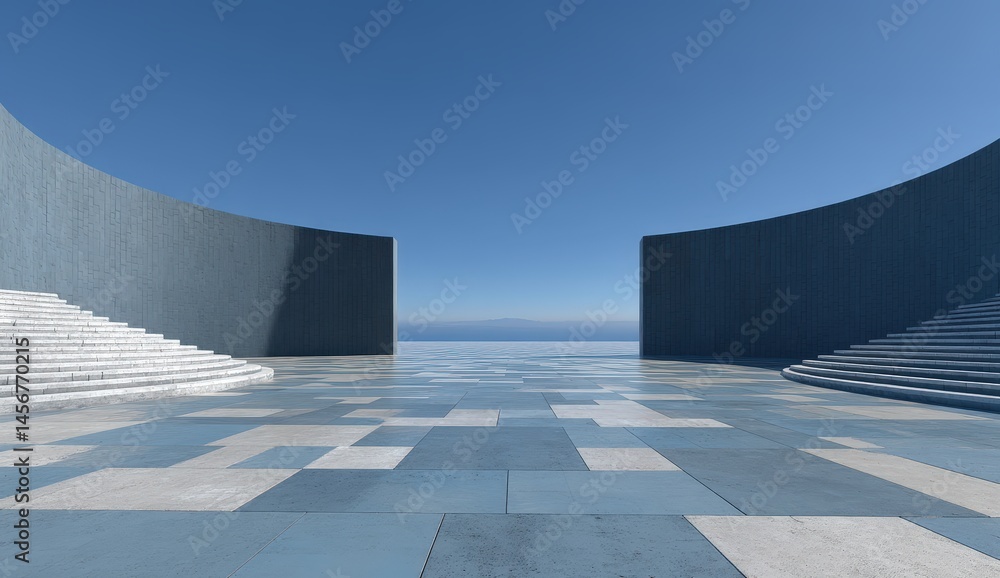 Modern open plaza with curved walls, tiled floors, and wide stairs under a clear blue sky overlooking a distant horizon.