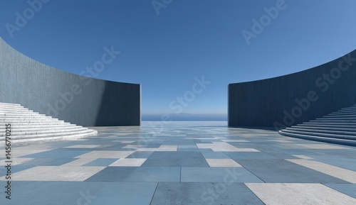 Obraz na płótnie Modern open plaza with curved walls, tiled floors, and wide stairs under a clear blue sky overlooking a distant horizon. w salonie