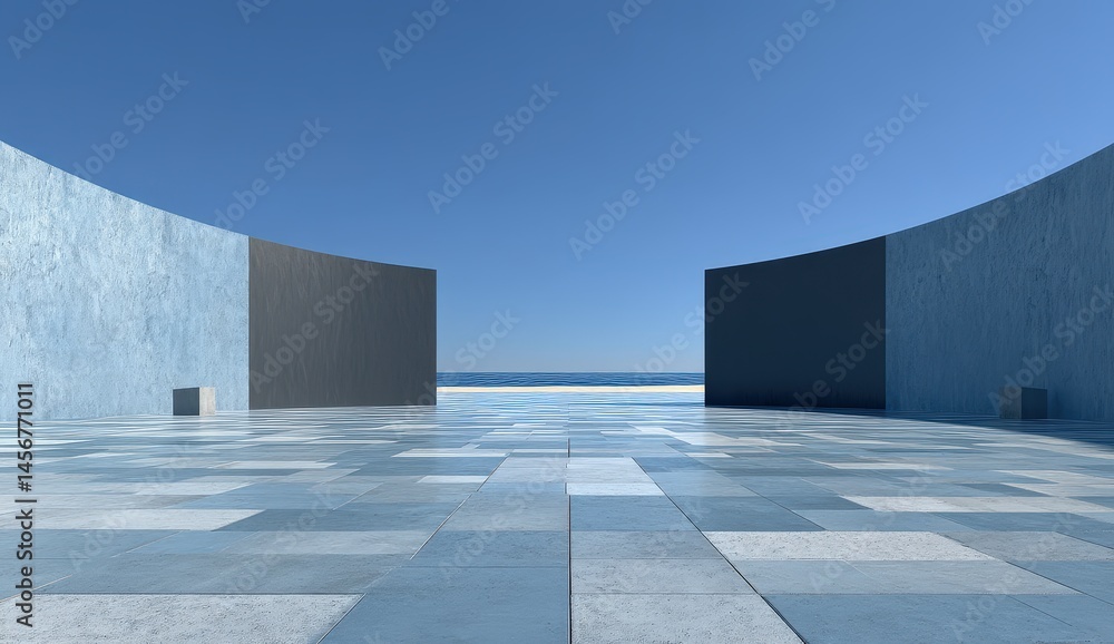 Minimalist architectural scene with curved walls, tiled floor, and ocean view under a clear blue sky.