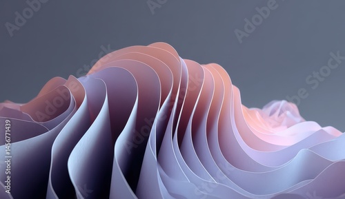 Abstract layers of pastel-colored paper form smooth, wavy shapes resembling a futuristic landscape against a neutral background.