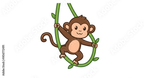 Cartoon Monkey Swinging on Vine Illustration for Children's Content