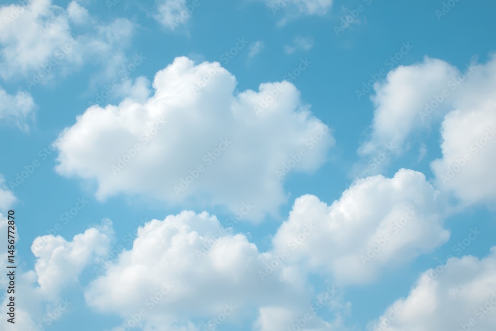 Fluffy white clouds scattered across a bright blue sky on a clear, sunny day.