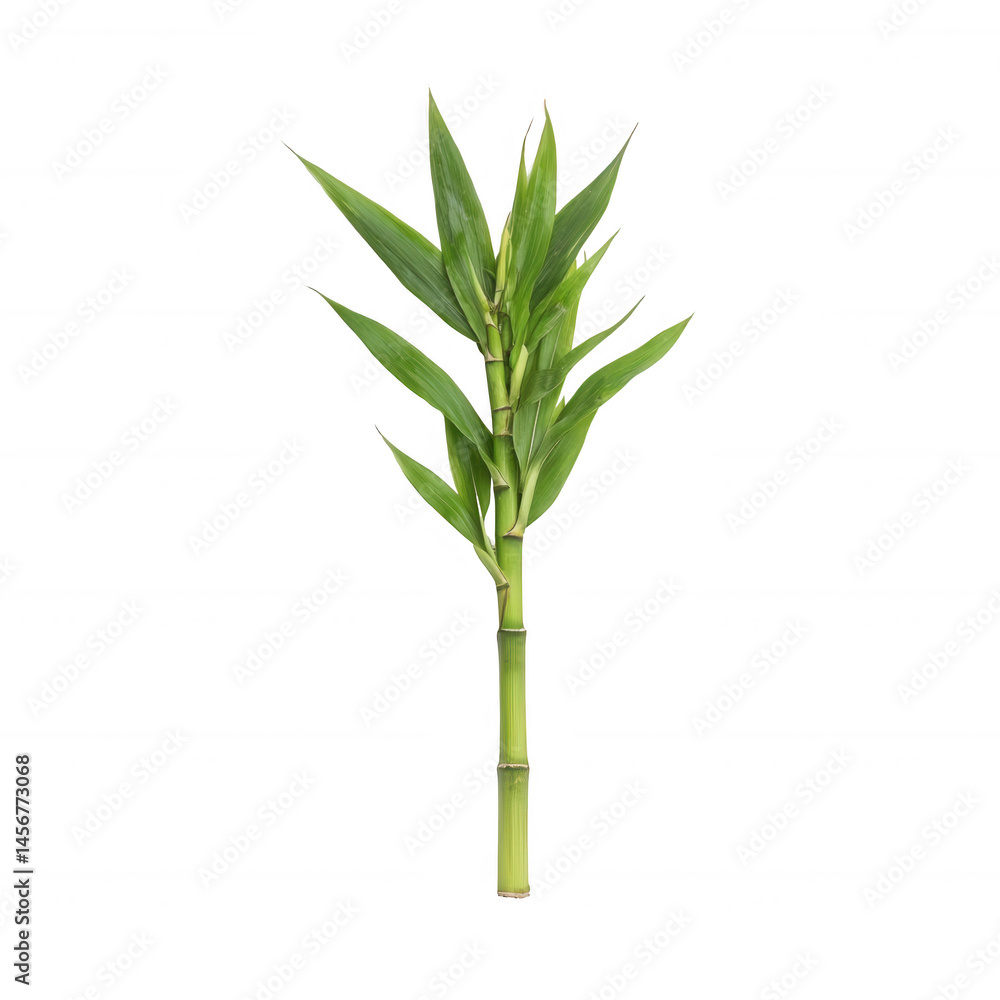 Fototapeta premium A vibrant green bamboo plant isolated on a white background, showcasing its slender stalks and lush leaves, perfect for nature-themed designs and projects.