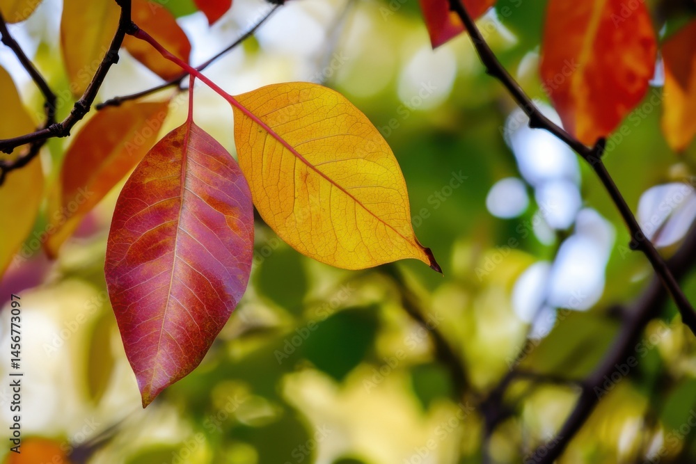 Obraz premium Vibrant autumn leaves dancing in the gentle breeze under a clear blue sky