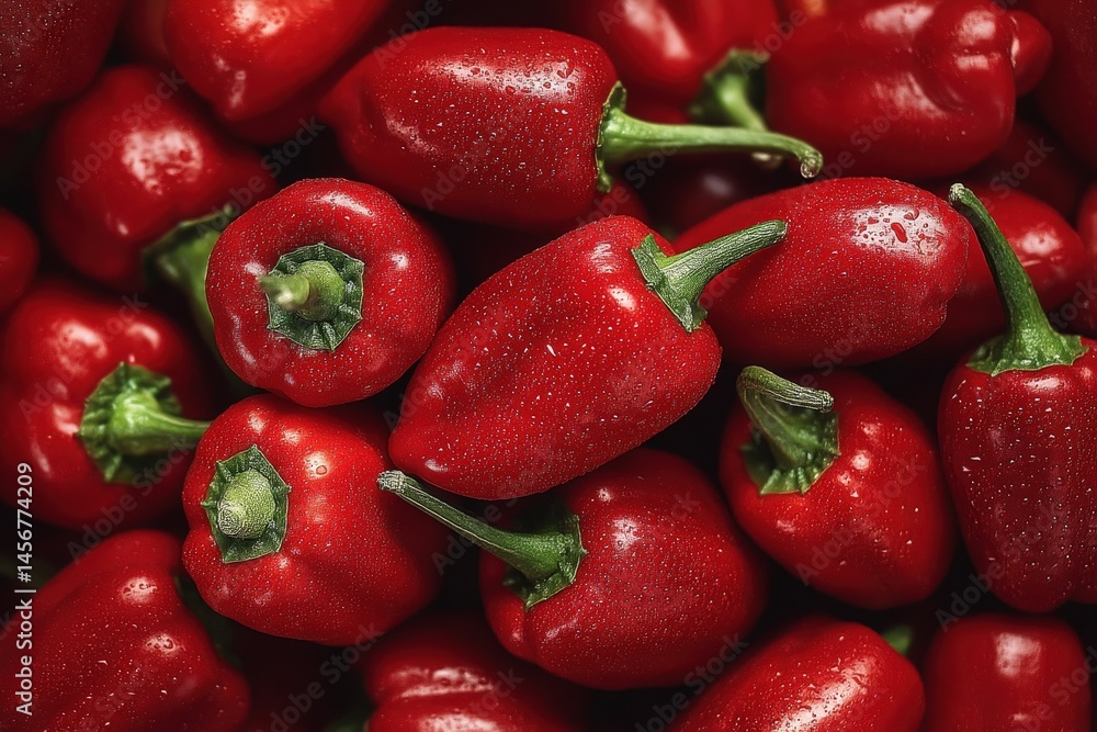Bright red peppers piled together, showcasing their fresh and vibrant appearance.