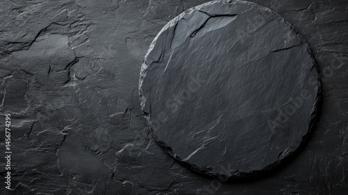 Dark Slate Stone Texture Background with Round Serving Tray Top Down Close Up Studio Shot for Food Photography