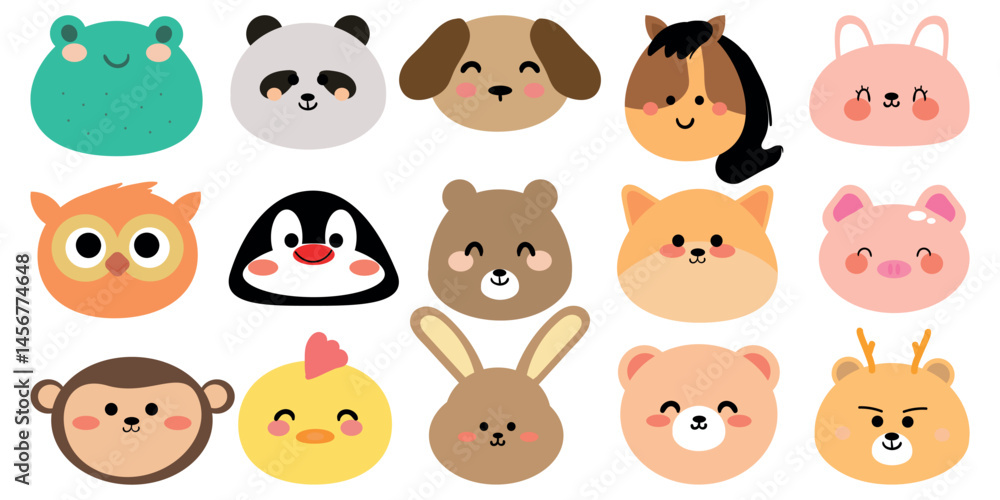 Set of cute smile face animals sit on white background, Zoo. Dog, rabbit, frog, penguin, bear, etc, hand drawn.Animal character cartoon.Kawaii Set of cute smile face animals sit on white background, Zoo. Dog, rabbit, frog, penguin, bear, etc, hand drawn.Animal character cartoon.Kawaii