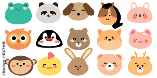 Wallpaper Mural Set of cute smile face animals sit on white background, Zoo. Dog, rabbit, frog, penguin, bear, etc, hand drawn.Animal character cartoon.Kawaii Torontodigital.ca