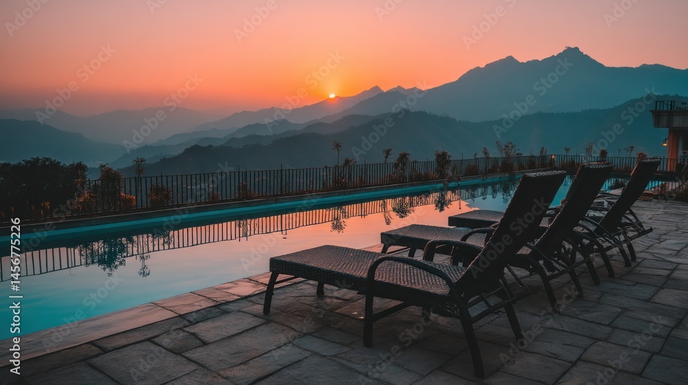 Obraz premium Tranquil pool, loungers, mountain views, sunset glow