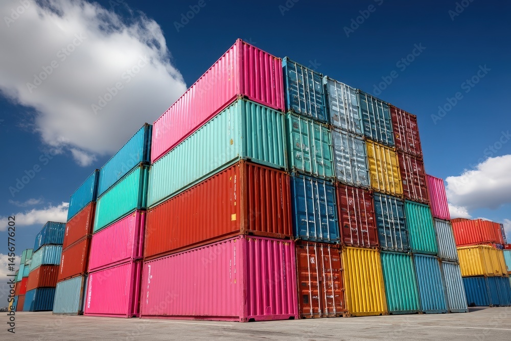 Stacked colorful shipping containers under a bright blue sky at a storage yard.