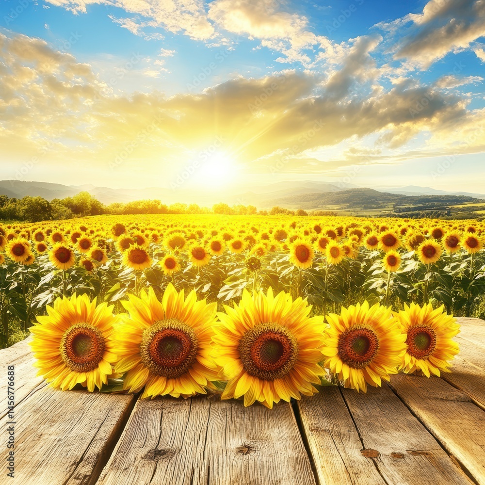 Fototapeta premium Sunflowers in Field at Sunrise on Wooden Table, Close-Up View, Summer Landscape, Golden Hour, Agriculture, Floral Beauty, Rural Scene