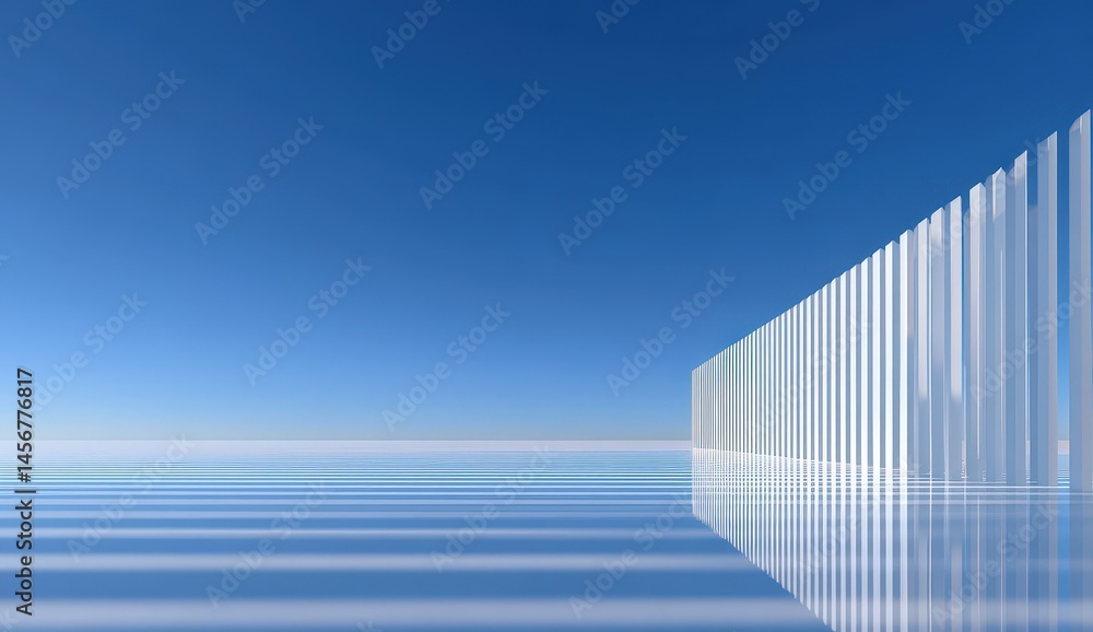 Minimalist architectural structure with vertical glass columns reflected on a smooth, blue surface under a clear sky.