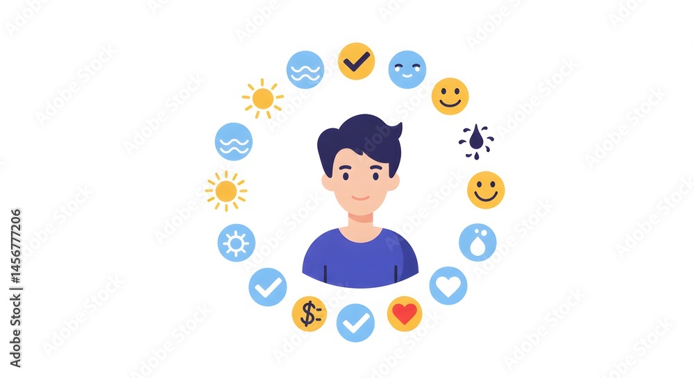 Person Surrounded by Icons: Well-being and Positive Mindset Person Surrounded by Icons: Well-being and Positive Mindset