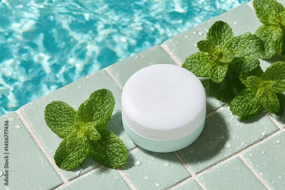 A white cosmetic jar with mint leaves on green tiles beside a swimming pool, evoking freshness and summer skincare.