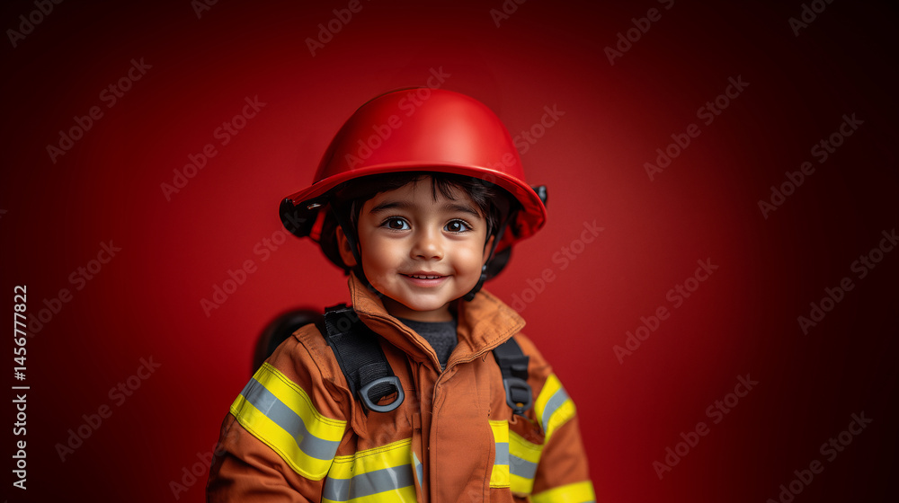 Adorable little child wearing firefighter uniform and red safety helmet smiling confidently against bright red background with joy and innocence. Adorable little child wearing firefighter uniform and red safety helmet smiling confidently against bright red background with joy and innocence.