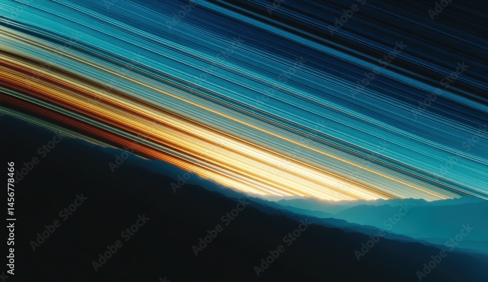 Abstract streaks of light and color cross a mountainous landscape at sunset, creating a vibrant, futuristic effect.